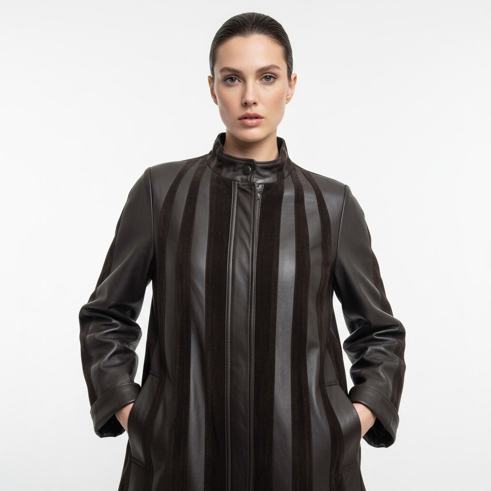 Vintage DM Leatherwear Brown Striped Coat Suede Panel Size Small Medium